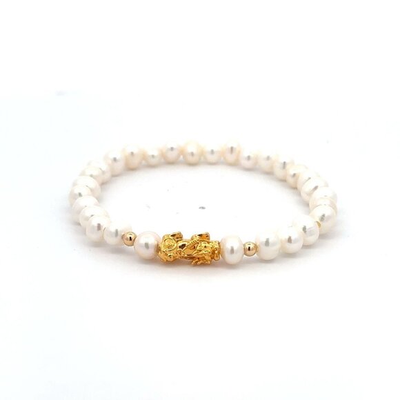 RAFANTHIA Jewelry - 18K Gold Dragon Pixiu Piyao Lucky Charm Beads Bracelet Freshwater Pearl